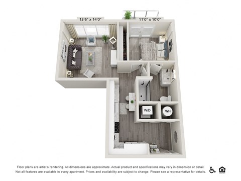 Floor plan for 1 bed, 1 bath, 702 sqft